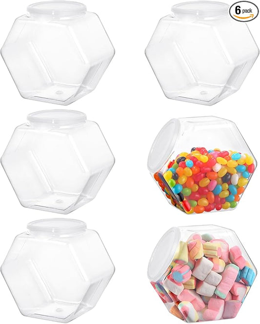 6 PCS Hexagon Plastic Jars, Clear Cookie Jars with Airtight Lids, Candy Jars, Wide Round Mouth Snacks Dog Food Candy Containers, Reusable Coffee Candy Display (30oz)