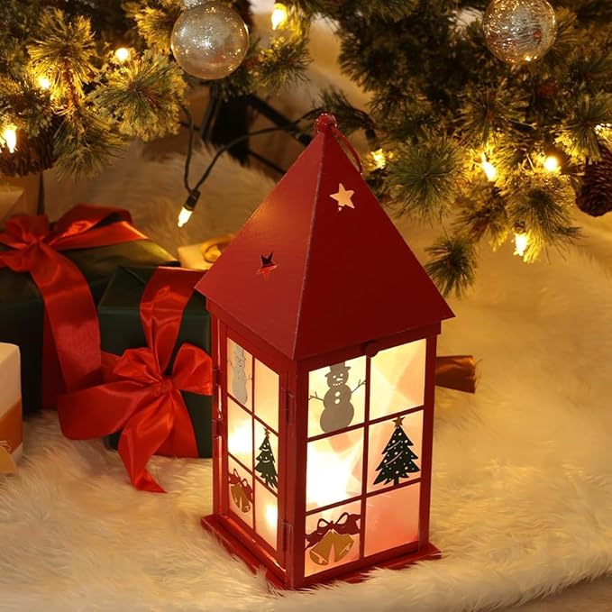 NEEDOMO Christmas Decorations for Home, 15'' Decorative Christmas Lantern Indoor Outdoor Decor, Metal Hanging Candle Holder with Xmas Snowman Bells and LED String for Table Centerpieces, Patio (Red)
