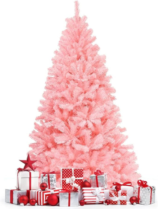 GOFLAME 6 ft Pink Artificial Christmas Tree, Hinged Spruce Full Tree w/Foldable Metal Stand, Cherry Blossom Color, 1036 Tips Christmas Tree for Home Office Party Decoration, Easy Assembly