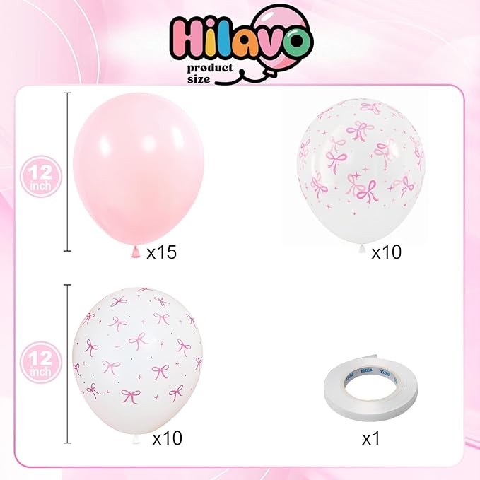 Pink Bow Balloons, 12 Inch Pastel Light Pink Transparent White Bow Print Coquette Balloon for Girls Women Birthday Bachelorette Party Bridal Baby Shower Wedding Anniversary Decorations Supplies