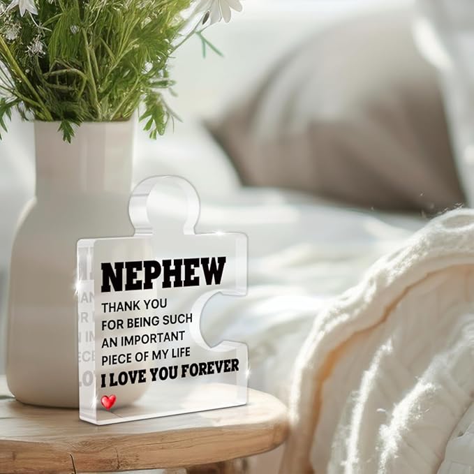 Nephew Gifts from Auntie Uncle, Heartwarming Nephew Gifts from Aunt Birthday Graduation Christmas Gift for Men Boys Acrylic Puzzle Piece Plaque Keepsake Desk Decorations for Home Decor