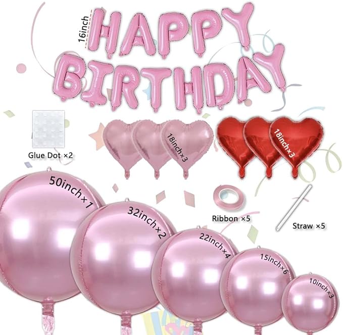 Pink Birthday Decorations with 16pcs Large 4D Foil Balloons in Different Size (10-50 Inch) + 6pcs 18" Heart Balloons + 16” Happy Birthday Banner for Indoor Outdoor Party Decorations (Pink)