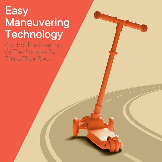 Orange Mini 3 Wheel Scooter for Kids – Lean-to-Steer with LED Light-Up Wheels, Adjustable Handlebar, Wide Anti-Slip Deck, Smooth PU Wheels, Rear Foot Brake – Toddler Scooter for Ages 2+