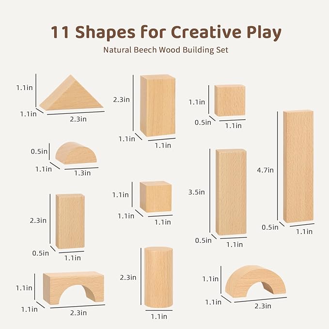 Natural Beech Wood Building Blocks for Toddlers 1-3, 100pcs Kids Wooden Blocks with Storage Bucket and Shape Sorter Lid, Preschool Learning Toys for Boys and Girls