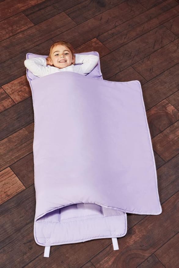 EVERYDAY KIDS Nap Mat with Removable Pillow - Lavender - Carry Handle with Straps Closure, Rollup Design, Soft Microfiber for Preschool, Daycare, Travel Sleeping Bag - Ages 3-6 Years