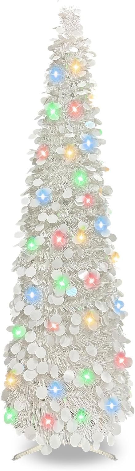 BTU Pop Up Christmas Tree, 5FT Collapsible Artificial Christmas Tree with 90 LED Lights, Tinsel Small Pencil Christmas Tree for Home Holiday Fireplace Party Indoor Outdoor Xmas Decorations (White)
