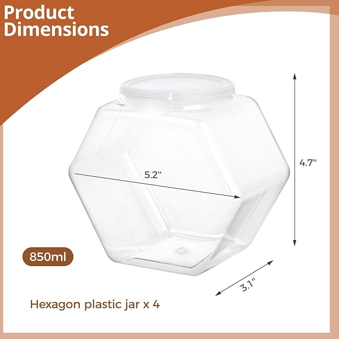 4 PCS Hexagon Plastic Jars, Clear Cookie Jars with Lids, Reusable Coffee Candy Display for Snacks, Cookie, Dog Treats, Coffee Pod(30 OZ)