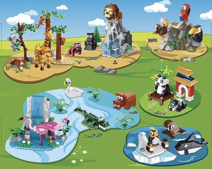 HOGOKIDS 25 Animals Zoo Building Set with Play Mat - 8 Pack Zoo Scene modules Building Blocks Toy for Party Favors Goodie Bag Classroom Prizes Fillers Birthday Gifts for Kids Boys Girls 6+ (1460PCS)