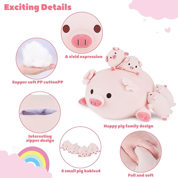 Achwishap 5PCS Pig Family,Pig Stuffed Animal Mommy with 4 Pig Babies Plush,Cute Pig Plush Pillow Cushion Doll,Kawaii Pig Plush Toy Hugging Pillow for Kids Adult(16” Pig Family)