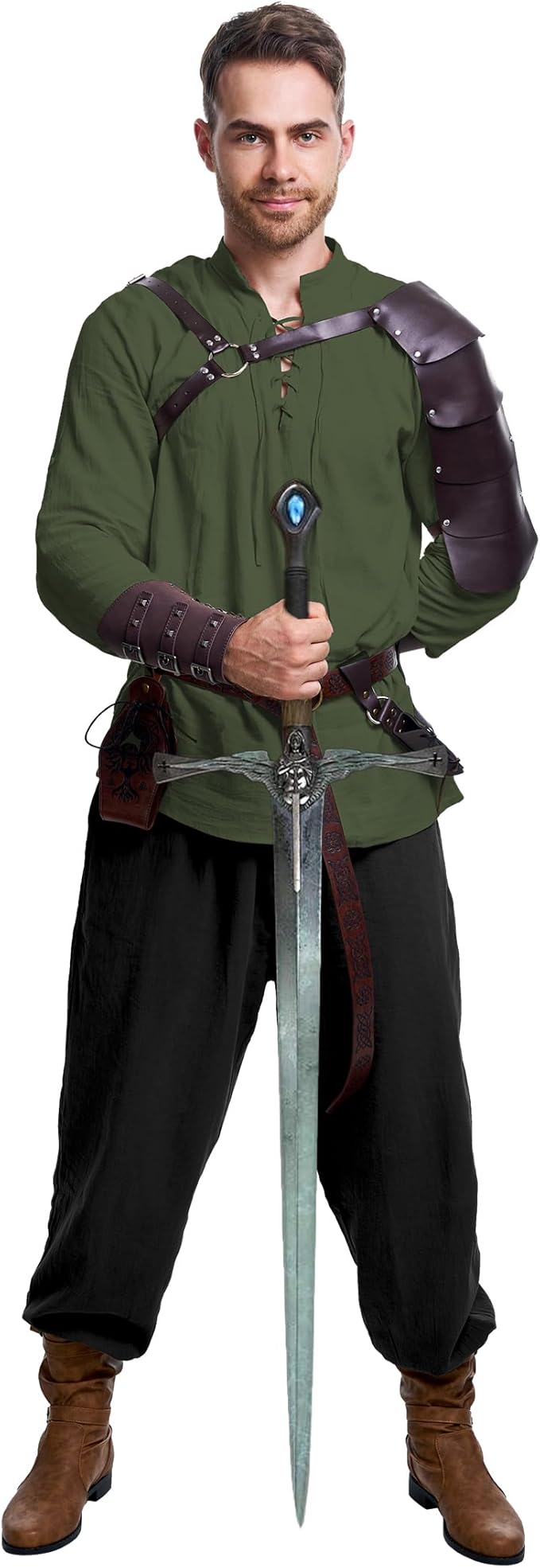 8 Pcs Men's Renaissance Costume Halloween Medieval Pirate Shirt Pant Viking Costume Accessories Set