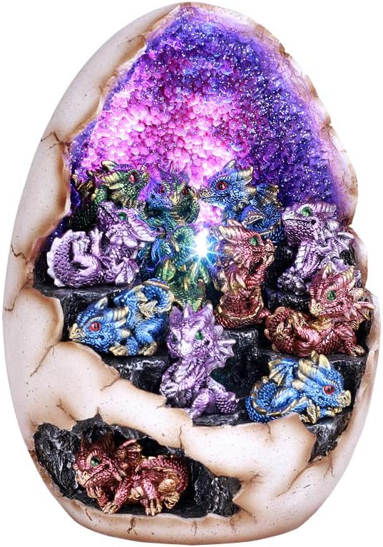 Pacific Giftware Fantasy Dragon Hatching Egg with Mini Dragons Set with LED Crystal Geode LightResin Figurine Statue