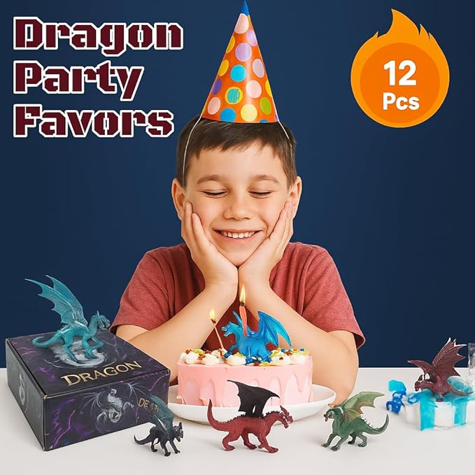 12 Pcs Dragon Toy Figures, 5" Large Realistic Hand Painted Mythical Figurines, Assorted Designs for Kids Party Favors & Cake Toppers