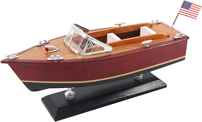 10" Wooden Speedboat Model Ship Sailing runabout 1/27 Scale Replica Nautical Decoration (10”, Burgundy)