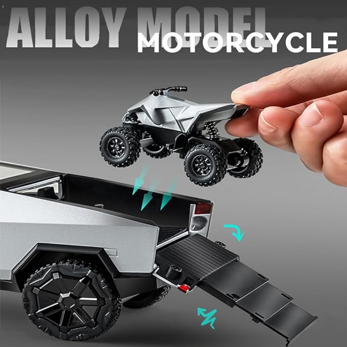 Metal Pick-Up Truck Trailer Toy with Motorcycle, Sound/Light/Pull Back/Realistic Interior Exterior, Ideal Toy Car Vehicle Gift (1/32 Grey Pickup Trailer RV)