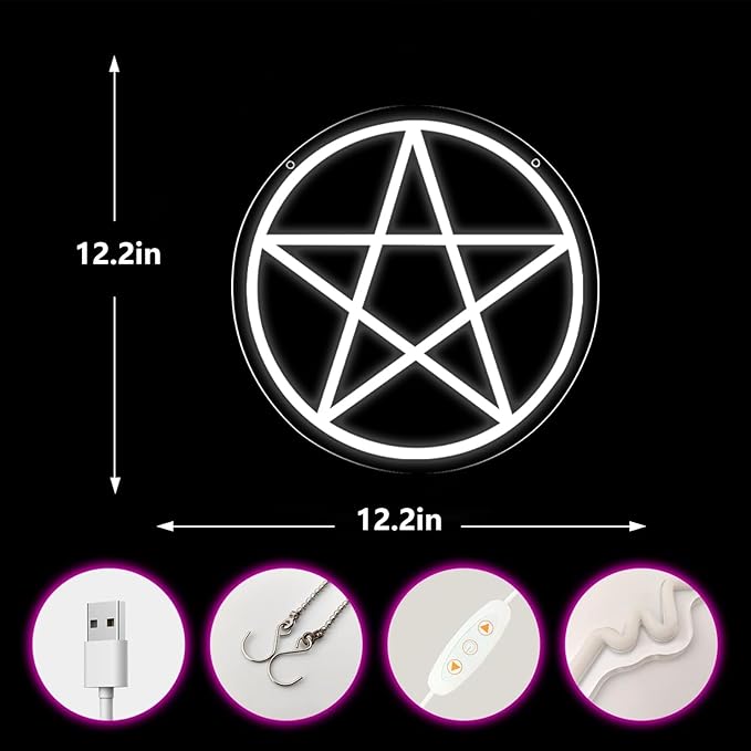 Pentacle Neon Sign, Dimmable LED Gothic Pentagram Neon Light, USB Powered for Home Bedroom Dorm College Party Christmas Gifts12.2 * 12.2 Inch