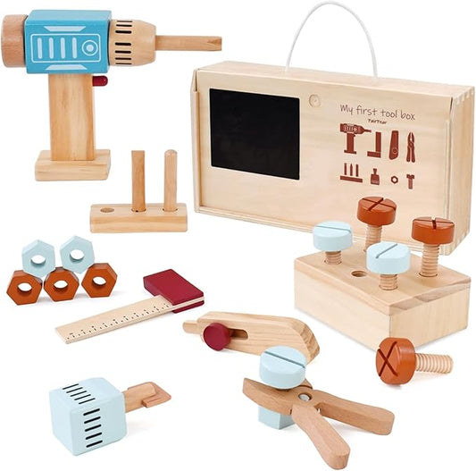 PairPear Kids Tool Set,Wooden Toy Tool Box with Toy Drill,Wooden Tool Kit Toddler Construction Toys Workbench Pretend Play Gift for Boys Girls 3 Years and Up.