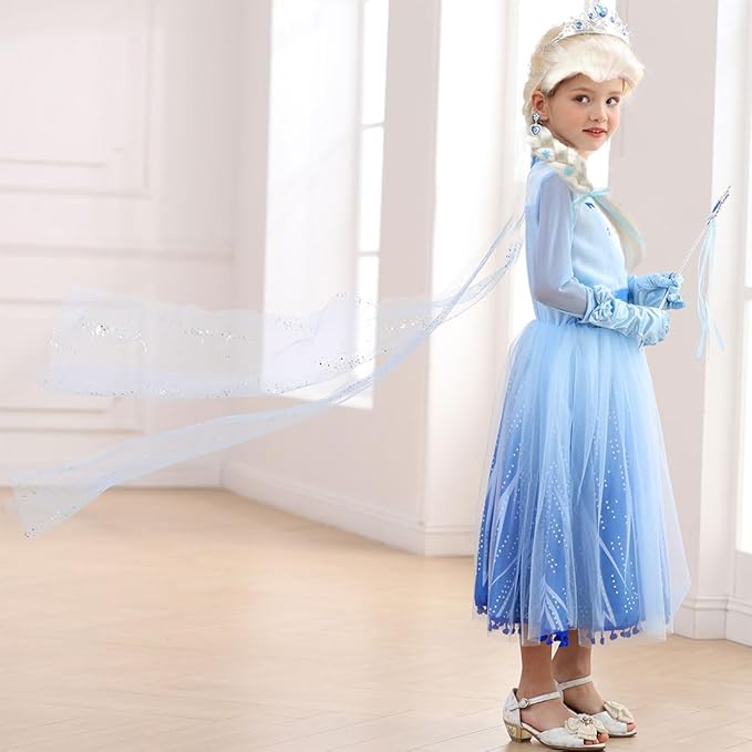 Princess Costume for Little Girls Snow Princess Dress Blue Cosplay Outfit Halloween Carnival Party Christmas
