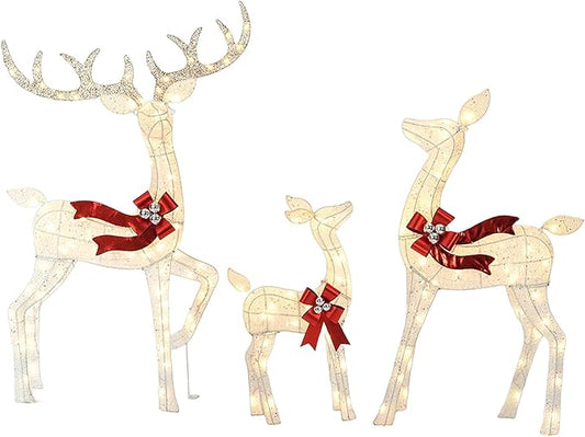 3-Piece 3D Christmas Deer Family Set, Lighted Christmas Decoration with 225 LED Lights, Christmas Decor Reindeer for Indoor Outdoor Yard Porch, White