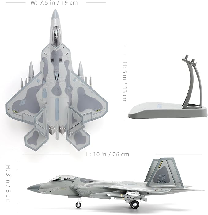 F22 Raptor 1/72 Diecast Metal Aircraft Model Kit USAF Fighter Jet Alloy Airplane Model with Stand for Adult Military Enthusiasts Collections or Creative Gifts (AK 90FS)