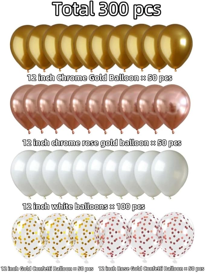 300 Pcs Rose Gold Confetti Balloons Set Lncludes 12 inch Gold White Rose Gold and Confetti Balloons, for Wedding, Graduation, Birthday Party Various Event Decorations