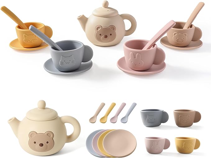 Tea Party Set for Little Girls 1-3 Kids Tea Set 14 Pcs with Silicone Teapot Cups Coasters Carrying Scoop, Kitchen Accessories Pretend Play for Girls Boys Age 3 4 5