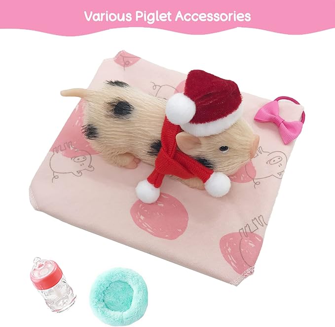 5 Inches Silicone Piglet with Accessories, Soft Mini Realistic Silicone Animals for Kids Christmast Gift（Christmas Ella）
