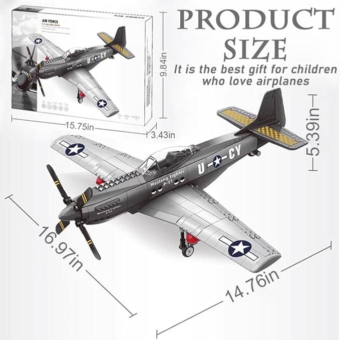 P-51 Fighter Plane Military Fighter Air Force Building Block Set,WW2 Military Airplanes Model,Aircraft Plane Brick Building Set Toy Gifts for Kids and Adults,258PCS