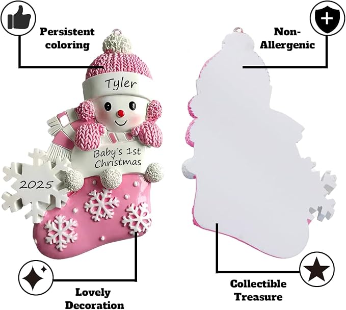Personalized Ornament Baby's First Christmas 2025 Customized Snowman Ornaments with Name Xmas Tree Decoration Gifts for New Born Baby Girl (Pink)