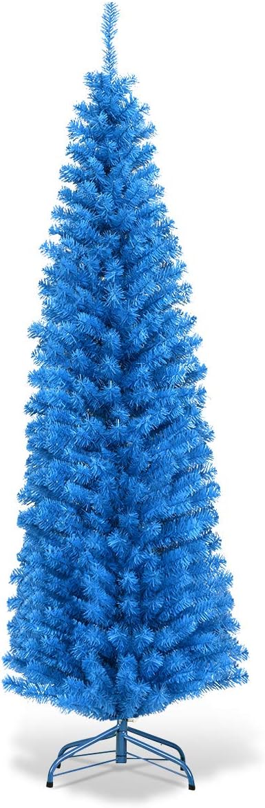 HAPPYGRILL 6 Feet Blue Pencil Christmas Tree Artificial Slim Christmas Tree Skinny Xmas Tree with Metal Stand, Realistic Unlit Pine Tree with 520 Branch Tips for Indoor Outdoor