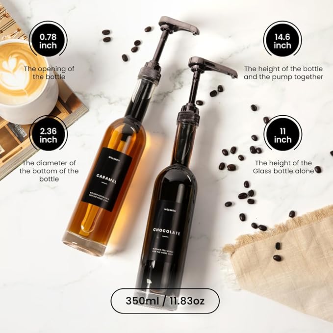 Molimoli Set of 4, 350ml, Coffee Syrup Dispenser for Coffee Bar, Coffee Pump Dispenser, Glass Syrup Bottle w. Pumps, Simple Syrup Dispenser w. Labels (Black)