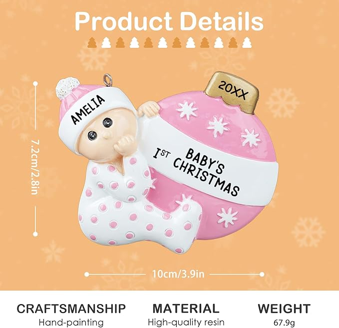 iDIY Personalized Babys First Christmas Ornaments 2025 - Custom Name Baby Ornaments for Christmas Tree - Xmas Gifts Ideal for Baby Grandkids Newborn - Girl or Boy - Pink