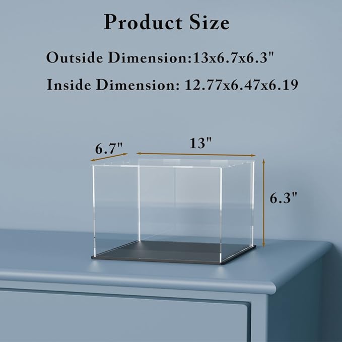 Acrylic Display Case with Lid, Rectangle Clean Acrylic Box with Matte Black Stand for 1:18 Diecast Model Cars (13x6.7x6.3 inch)
