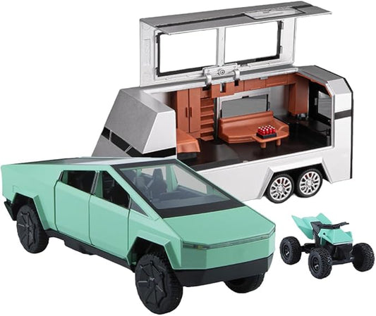 1/24 Large Pickup Truck Toy with Motorhome and Motorcycle, Diecast Pickup Truck Trailer RV Alloy Model Collection Vehicles for Kids Adults Birthday Gift (Green)