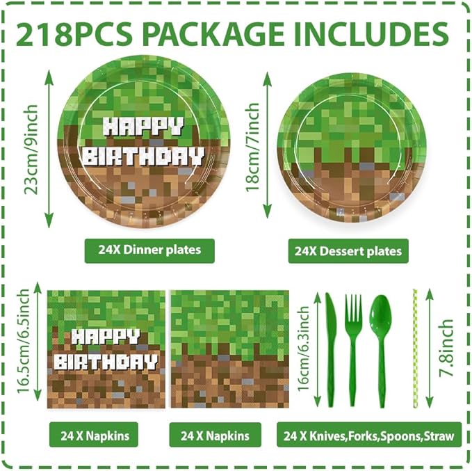 218pcs Green Birthday Party Decorations Plates Napkins Banner Tablecloth Disposable Paper Cups Straws Green Forks Party Supplies Tableware Set for Boys Kid Teen Birthday Decor Serves 24