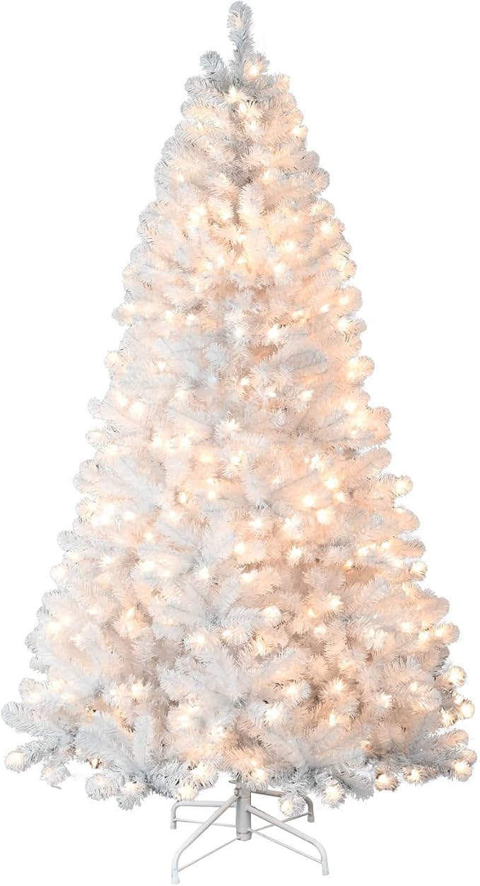 7.5ft Per-Lit White Christmas Tree, Artificial Christmas Tree with 450 Warm White Lights,1240 Branch Tips, Premium Full White Xmas Tree for Easy Holiday Setup, Foldable Metal Base