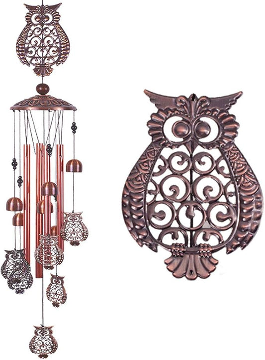 Owl Wind Chimes Outdoor Indoor Decor -with 4 Aluminum Tubes 6 Bells 7 Owls 37Inch Waterproof Mobile Romantic Wind Catcher Owl Windchimes for Home, Xmas Mom Gifts, Balcony, Festival, Garden Decoration