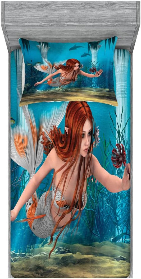 Ambesonne Mermaid 2 Pack Fitted Sheet & Pillow Sham Set, Magic Aqua Sea Lily, 4 Pcs Bedding Decor, Package Contains 2 Twin Size Fitted Sheets & 2 Pillow Covers, Burnt Sienna Pale Blue