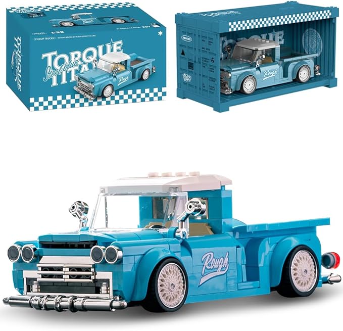 PB8840 1:32 Blue Retro Pickup Truck Buliding Blocks Set, 297 Pieces Scale Model Car Container Display Box, Clamping Blocks Toy Gift for Adults