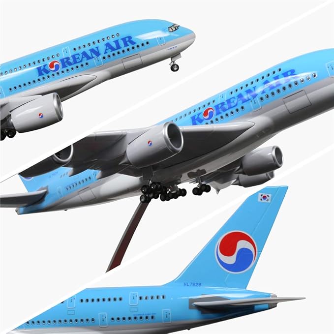 24-Hours 18” 1:160 Airplane Model Korea Airbus 380 Model Plane with LED Light(Touch or Sound Control) for Decoration or Gift