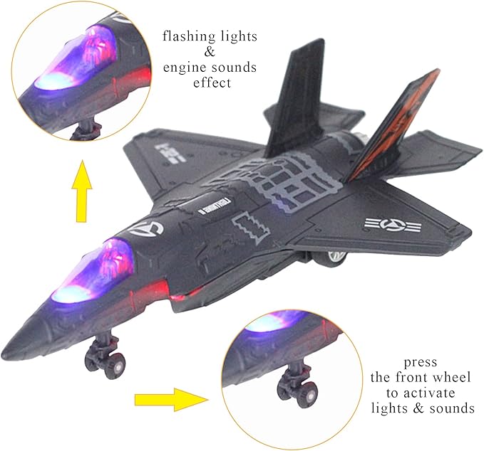 OTONOPI Fighter Jet Military Plane Model F-35 Aircraft Army Air Force Diecast Metal Pull Back Bomber Attack Plane with Lights and Sounds for Kids or Commemorate Collection