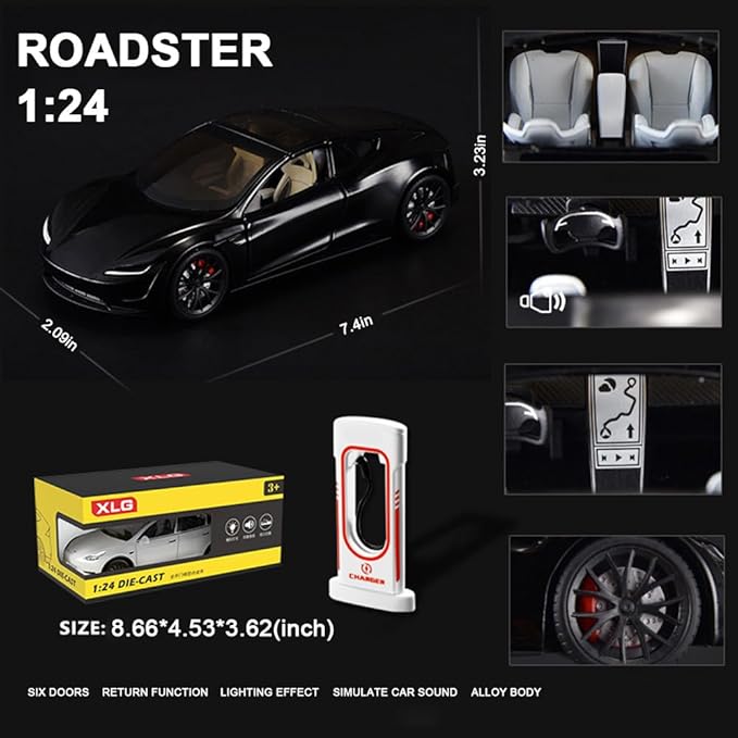 1/24 Diecast Roadster Model Car with Pull Back Function, Sound and Light, Alloy Metal Vehicles Roadster Toy Cars Ideal Collectible for Kids Adults Enthusiasts, Great Birthday Gift (Black)