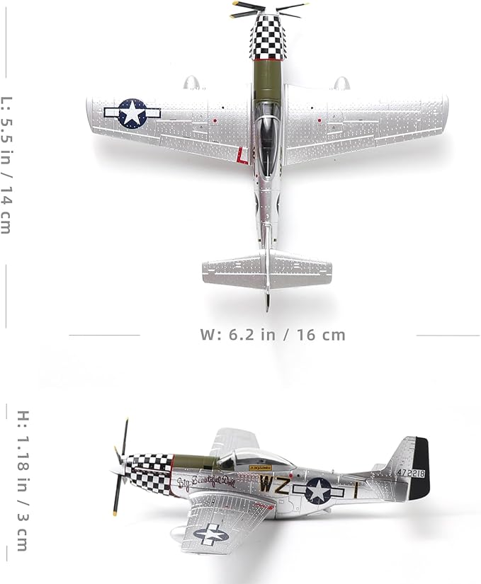 P51-D Mustang 1/72 Metal Airplane Model Kit with Stand WWII Diecast Fighter Model Vintage Prebuild Military Aircraft Collection for Display or Gift (Big Beautiful Doll)