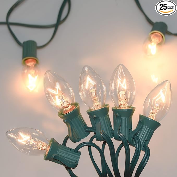C7 Christmas Lights Outdoor, 25Ft C7 Warm White Christmas Decorations String Lights with 27 Clear Incandescent Bulbs, Vintage Christmas Lights for Roofline House Garden Patio Xmas Tree Party, Green