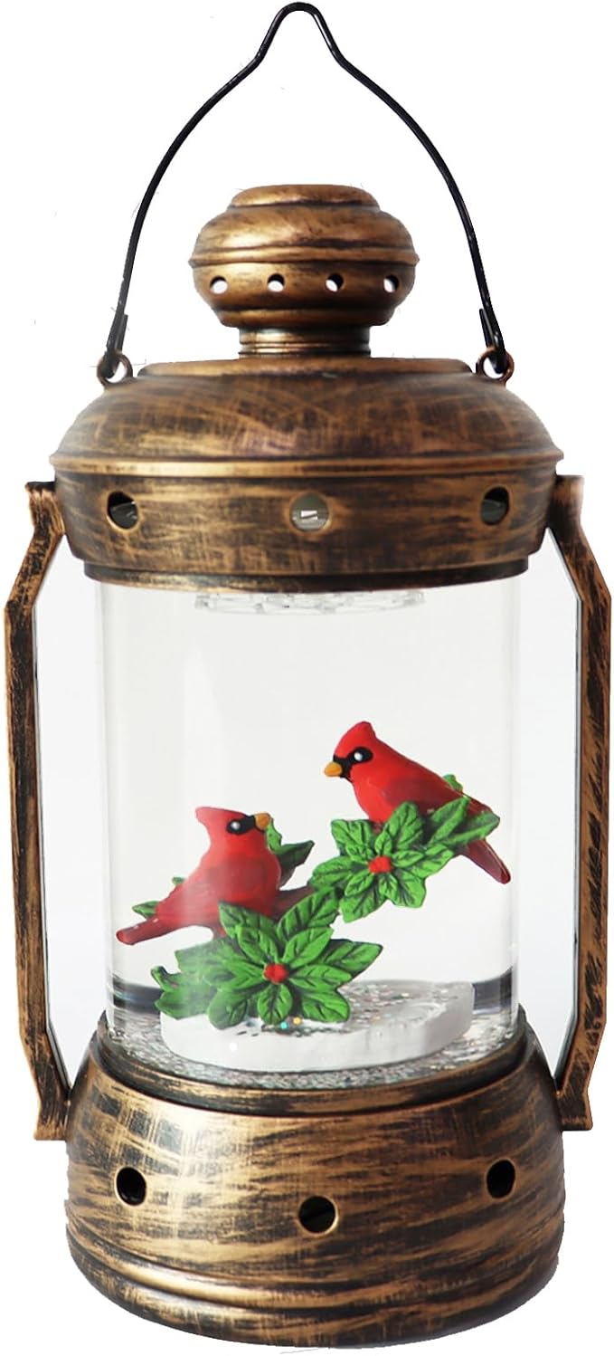 9 in Christmas Cardinal Snow Globe Lantern,Xmas Glittering Snowing Globe with Music,6 Hours Timer, USB Powered/Bateetry Operated Lighted Decoration Gift for Indoor Use