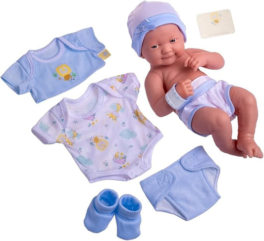 8 piece Layette Baby Doll Gift Set | JC Toys - La Newborn Nursery | 14" Life-Like Smiling Doll w/ Accessories | Blue | Ages 2+