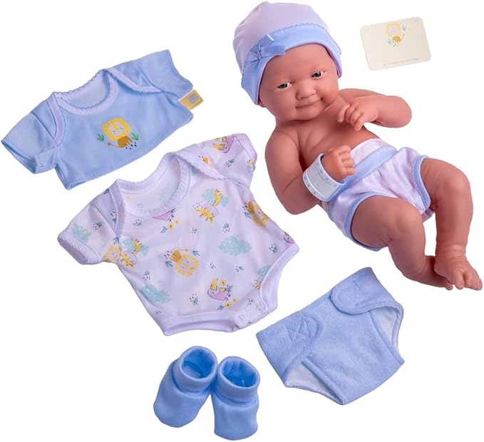 8 piece Layette Baby Doll Gift Set | JC Toys - La Newborn Nursery | 14" Life-Like Smiling Doll w/ Accessories | Blue | Ages 2+