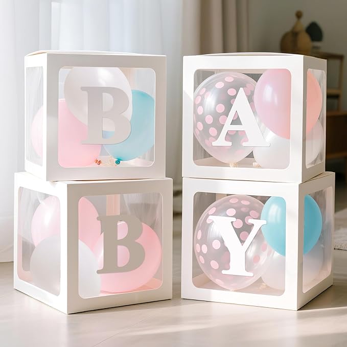 Ledido Baby Boxes with Letters for Baby Shower Decorations with 38 Balloons, 4 pcs Clear Baby Balloon Boxes Blocks for Baby Shower Decor Boy Girl Gender Reveal Decorations Backdrop Party (White)