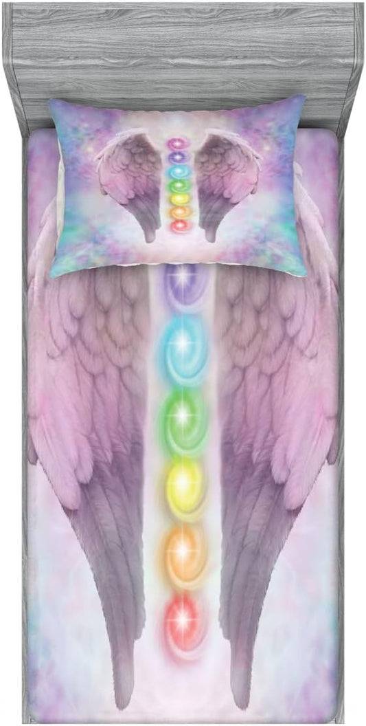 Ambesonne Wings Print 2 Pack Fitted Sheet & Pillow Sham Set, Energy Silhouettes Art, 4 Pcs Bedding Decor, Package Contains 2 Twin Size Fitted Sheets & 2 Pillow Covers, Light Plum