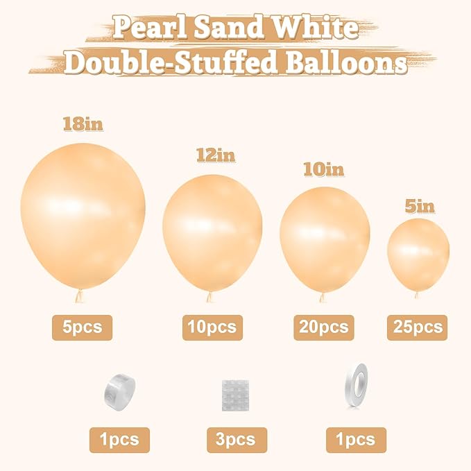 Pearl Nude Double-Stuffed Balloons Arch Garland Kit, 60 Pack 18/12/10/5 Inch Different Size Pearl Beige Apricot Balloons for Wedding Bridal Shower Anniversary Birthday Baby Shower Decor