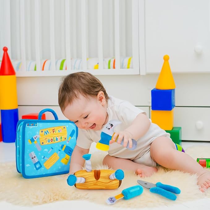 teytoy My 1st Toolbox Playset, Baby Tool Set for 1 Year Old, Pretend Play Construction Toy with Zippered Tool Box, Montessori Stem Plush Tool Kit Toys Birthday Gift for Toddlers Girls Boys